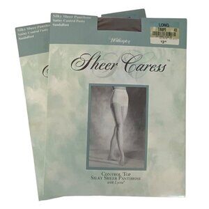 JCPenney Sheer Caress Control Top Sheer Pantyhose 2 Pair Long Taupe Sandalfoot